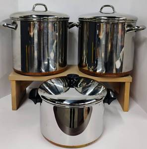 lot 92 image: Revere Copper Bottom Pans in Original Boxes 3 Piece Set