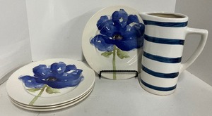 lot 101 image: Royal Stafford Blue Poppy Flower Dinner Plates and Pitcher
