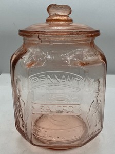 1930's Pink Depression Glass Planters Peanut Jar & Lid Mr. Peanut