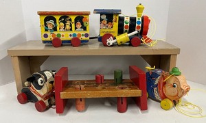lot 70 image: Vintage Fisher Price Toys Playland Express, Pudgy Pig, Barky Puppy and Toy Cobblers Bench Wooden Toys