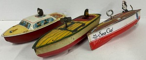 lot 72 image: CKO Kellerman Tinplate Clockwork Speedboat, J Chein 1940s Lithograph Speedboat, Felix the Cat