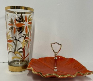 lot 96 image: 1960s MCM Orange Leaf Dish California Pottery and Orange and Gold MCM Glass Vase