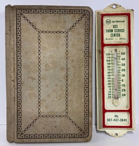 lot 97 image: Late 1800s Farming Ledger and Farm Service Center Austin, MN Thermometer