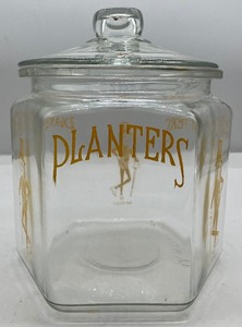lot 20 image: Vintage 1940s General Store Mr. Peanut Planters Lidded Jar Planters Peanuts