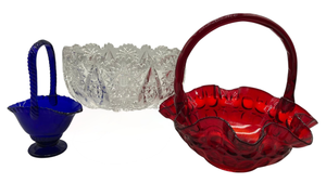 lot 105 image: Vintage Fenton Ruby Red Glass Basket, Cobalt Basket and  Crystal  Bowl