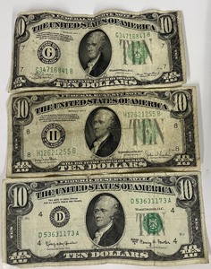 lot 138 image: Vintage Ten Dollar Bills 1934 A, 1934 D, 1963 A 3 Piece Lot