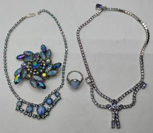 lot 140 image: Weiss Light Blue Rhinestone and Moonstone Necklace, Brooch, Ring