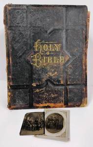 lot 124 image: Antique Leather Bound Bible and Antique Pictures