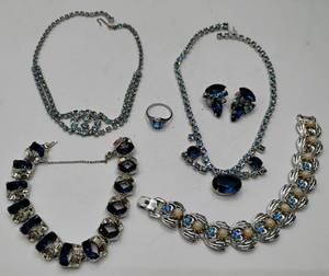lot 141 image: Blue Aurora Borealis Rhinestone Jewelry LOT - Silvertone and Sapphire Blue Bogoff Bracelet, Chokers, Ring and Earrings