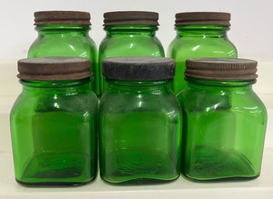 lot 23 image: LOT of Vintage Green Glass Jars with Lids 6 pieces