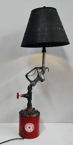 lot 142 image: Vintage Texaco Gas Can Converted to Lamp with Punched Tin Shade Works