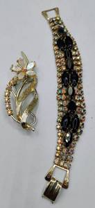 lot 19 image: Iridescent Aurora Borealis Rhinestones and Black Stone Bracelet and Brooch