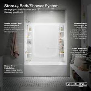 lot 14 image: STERLING STORE 30 in. W x 60 in. H Three Piece Direct-to-Stud Tub Alcove Wall Surround in White    Customer Returns See Pictures