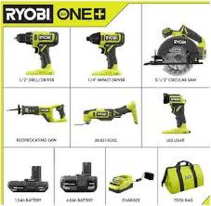 RYOBI ONE+ 18V Cordless 6-Tool Combo Kit with 1.5 Ah Battery, 4.0 Ah Battery, and Charger  Customer Returns See Pictures  Customer Returns See Pictures