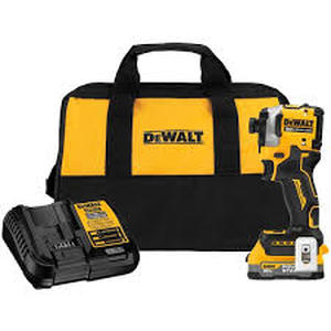 lot 56 image: DEWALT ATOMIC 20V MAX Lithium-Ion Cordless 14 in. Brushless Impact Driver Kit, 5 Ah Battery, Charger, and Bag  Customer Returns See Pictures