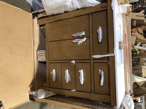 lot 7 image: Home Decorators Collection Bellington 36 in. Single Sink Almond Toffee Bath Vanity with White Engineered Stone Top (Assembled) Granite Broken Customer Returns See Pictures