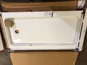 lot 28 image: Bootz Industries Aloha ShowerCast 60 in. L x 32 in. W Alcove Shower Pan Base in White with Square Chrome Right Drain Damaged   Customer Returns See Pictures