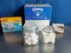 lot 94 image: 2 x Kleenex, Glad Bags, Cotton Balls, and More.