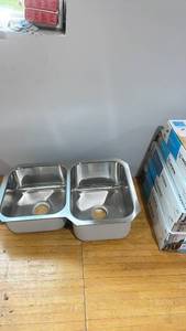 lot 56 image: Stainless Steel Double Bowl Apron Sink with Installation Kit