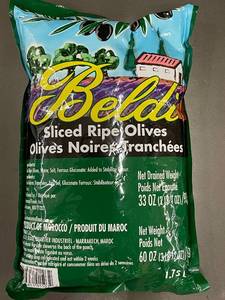 lot 39 image: WY 3 - Beldi Sliced Ripe Olives, 60 oz Bag, Product of Morocco