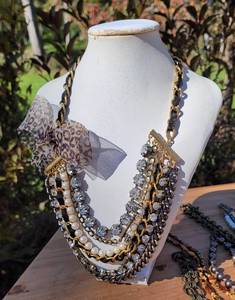 lot 34 image: Betsey Johnson Vintage Crystal Leopard Bow Key Pearls Necklace