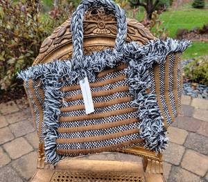 lot 48 image: Anthropologie Taupe White Black Gabi Braided Fringe Boho Festival Tote Bag, NWT