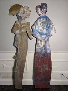 lot 100 image: Amazing Turn-of-the-Century Painted Wood Panel Figures - Ladies on the Town