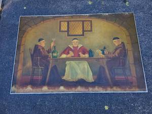lot 3 image: Flemish Style Tavern Oil Painting  Three Monks Playing Cards