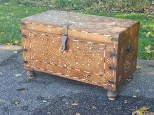 lot 61 image: Vintage Teak Zanzibar Chest with Mother of Pearl Inlay