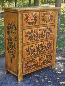 lot 53 image: American Folk Floral Painted Five Drawer Bedroom Dresser