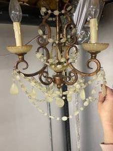 lot 93 image: Hanging 3 Light Tuscan Custard Prism and Bead Rope Chandelier