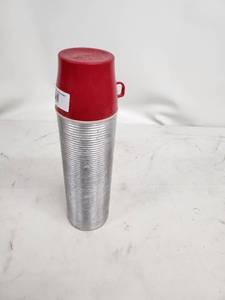 lot 38 image: Vintage Aluminum Insulated Thermos with Red Plastic Cup Lid