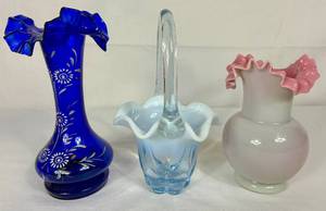 lot 19 image: Vintage Blown Glassware - Duncan & Miller Basket, Cobalt Blue Ruffled Vase and Bohemian Fireglow Ruffled Vase