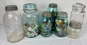 lot 94 image: Vintage Button Collection in Atlas, Dominum and Ball Canning Jars