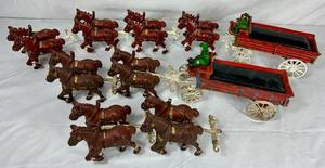 lot 104 image: Two Vintage Cast Iron 8 Clydesdale Horses Beer Wagon