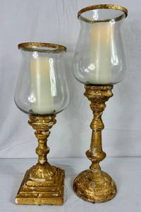 lot 113 image: Pair of Distressed Gold Tabletop Hurricane Candle Holders with Matchless Candles