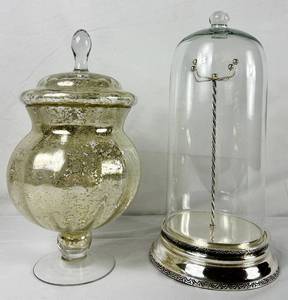 lot 6 image: Pottery Barn Accents Cloche Jewelry Display plus Large Silver Mercury Glass Container with Lid