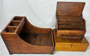 lot 123 image: Antique Wooden Organizers- Writing Desk Box, Artist Carrying Case and Wooden Farrier Tool  Box