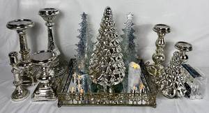 lot 126 image: Silver Holiday Collection - Mercury Glass Trees, Silver Candle Holders, LED Candles and Silver Glass Tray