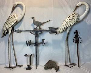 lot 131 image: Garden Dcor Bundle - 2 Metal Cranes, Pheasant Weather Vane, Hose Guard, Bird Rain Gauge and Koi