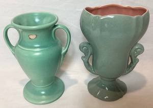 lot 15 image: Red Wing Pottery #1053 Two Handled GreenPink Interior Vase and Red Wing Pottery Double Handle Vase
