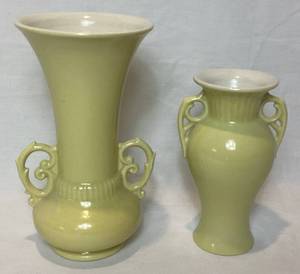lot 18 image: Abington USA Pottery Yellow Leaf Double Handled Vase and Abingdon Yellow Vase Urn Double Handle Vase