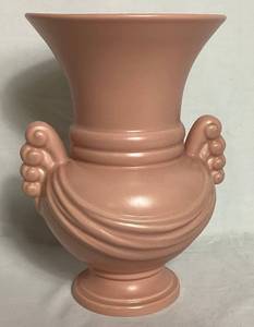 lot 13 image: 1940s Abingdon Art Pottery Draped Vase Matte Pink Handle 10.5