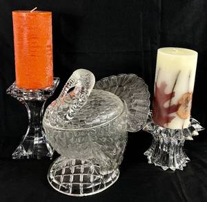 lot 28 image: Vintage LE Smith Clear Glass Turkey Shaped Lidded Dish and Crystal Candle Holders with Seasonal Candles