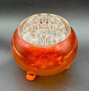lot 10 image: Vintage Vikng Glass Amberina Flowerlite Footed Vase with Glass Frog - Glows OrangeYellow