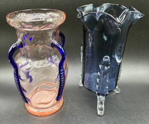 lot 107 image: Hand Blown Art Glass Vases with Applied Feet and Handles