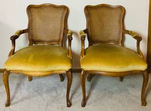 lot 54 image: Pair of French Regency Style Fauteuil Armchairs with Cane Backs and Yellow Upholstered Seat