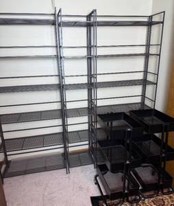 lot 46 image: Foldable Powder Coated Metal Shelving Units and 2 Rolling Carts