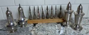 lot 7 image: Sterling Silver Salt & Pepper Sets plus Silverplate Corn Picks Set