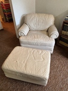 lot 14 image: 3 Faux Leather Chairs and Ottoman
